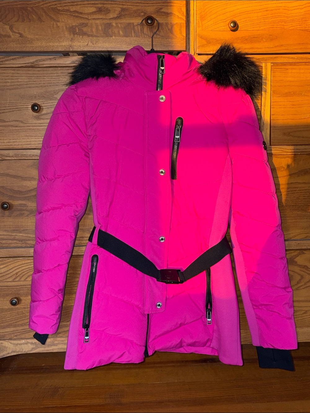 MICHAEL Michael Kors Bright Pink Quilted Belted Puffer with Faux Fur Hood Trim